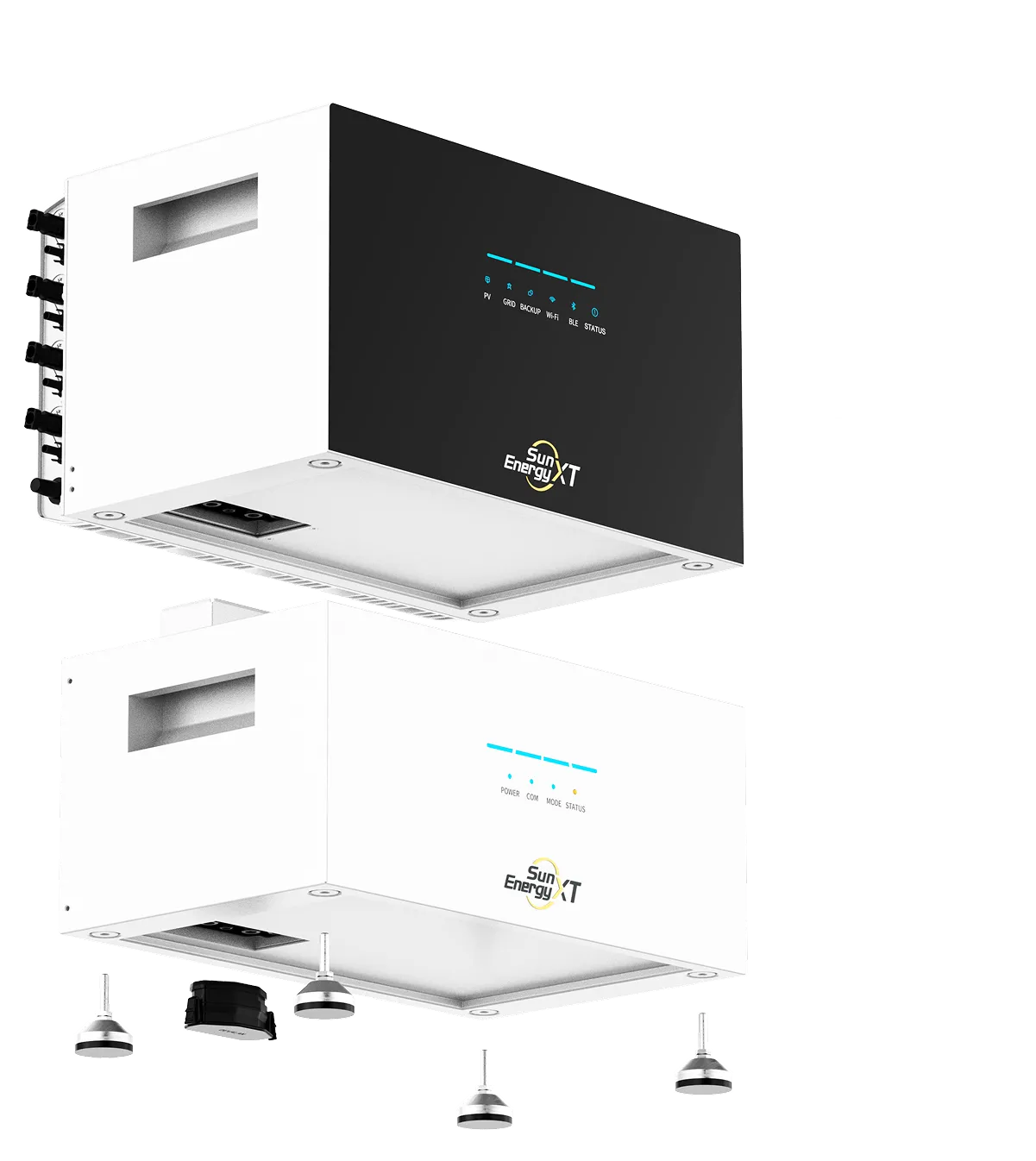Afmetingen van de SunEnergyXT AC Core hoofdbatterij en B500 uitbreidingsbatterij